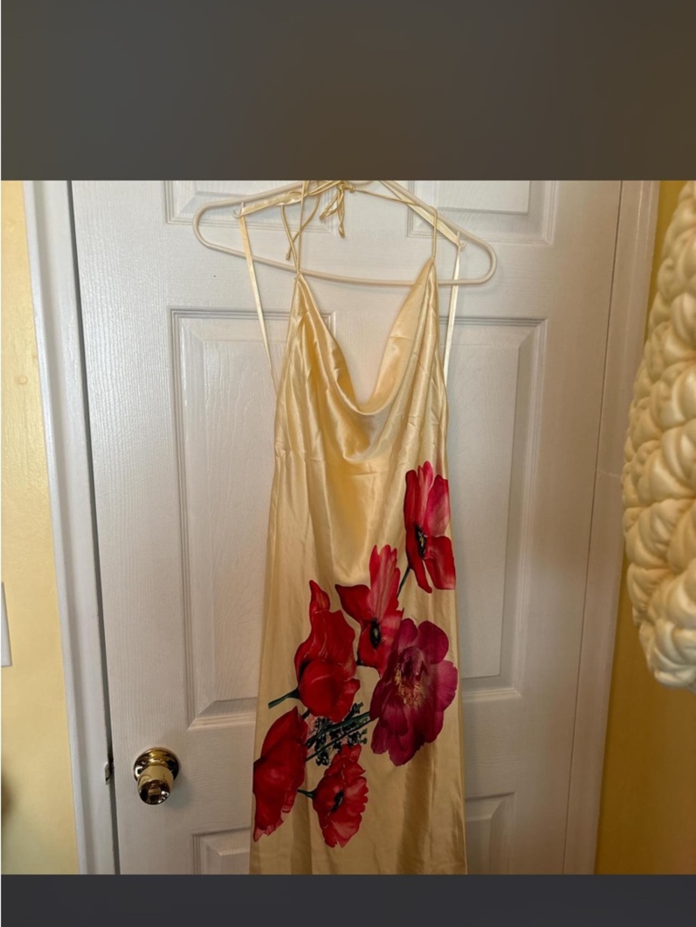 Selfie Leslie Yellow Satin Slip Maxi Dress with Red Floral Print